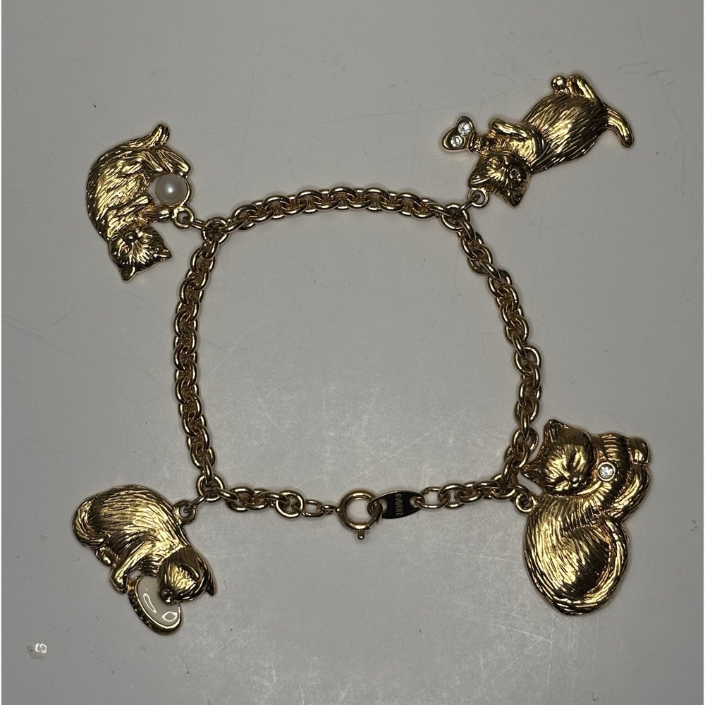 Vintage AVON Cat Kitty Charm Enamel Gold Tone Rhinestone Bracelet